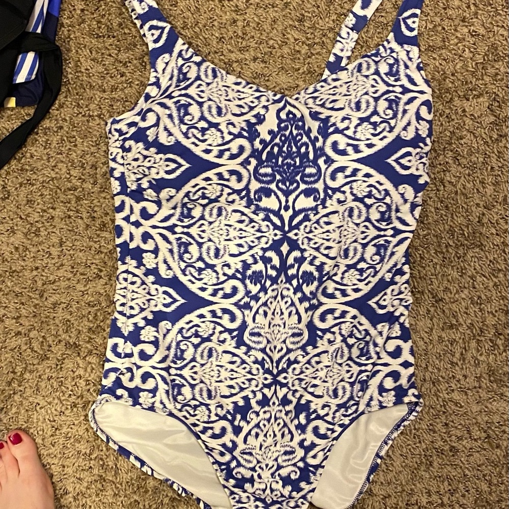Blue and white one piece swimsuit from Land’s End
